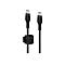 Zwei schwarze USB-C-Kabel mit Halterung. Die Kabel sind nebeneinander vor weißem Hintergrund abgebildet.