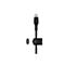Schwarzes USB-C-Kabel mit Zubehör vor weißem Hintergrund. Das Kabel ist geflochten und hat einen magnetischen Halter.