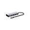 Silberner USB-C-Hub mit mehreren Anschlüssen, schwarzen Kabel und weißem Hintergrund.