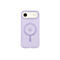Coque d'iPhone violet clair avec logo Apple et appareil photo. Fond blanc.