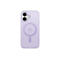 Coque de téléphone violet clair avec découpe pour appareil photo et logo Apple. Avec anneau MagSafe et champ magnétique.