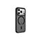 Coque iPhone noire avec fonction magnétique. Un logo Apple foncé est visible au dos. La caméra est exposée.
