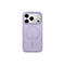 Une coque d'iPhone violet clair avec des bords transparents et un logo Apple.
