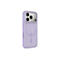 Coque iPhone violet clair avec découpe pour appareil photo et cercle MagSafe. Logo Apple en bas.