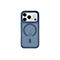 Coque iPhone bleue avec dos transparent, logo Apple et découpe pour l'appareil photo.