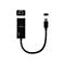 Schwarzer USB-Ethernet-Adapter von Belkin. Der Adapter hat einen USB-Stecker und einen Ethernet-Anschluss. Das Produkt ist auf weißem Hintergrund abgebildet.