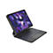 Une tablette grise avec un étui clavier, ouverte sur fond blanc. L'écran affiche un design abstrait violet.