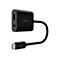 Schwarzer USB-C-Adapter mit Belkin-Logo, Kopfhöreranschluss und Ladeanschluss.