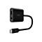 Schwarzer Belkin USB-C-Adapter mit Audioausgang und Lightning-Anschluss, Kabel nach unten.