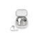 Casque Belkin blanc avec étui de chargement. Un écouteur est à côté. Belkin est écrit sur l'étui.