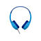 Casque bleu clair avec coussinets d'oreille bleu foncé sur fond blanc. L'arceau est également bleu et relié à un câble gris.