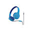 Casque bleu clair avec bandeau bleu et câble gris. Le casque porte le logo du fabricant.