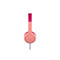 Casque rose clair avec serre-tête rose, câble gris, sur fond blanc.
