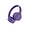 Casque violet vu légèrement en biais de face. Sur fond blanc. Coussinets et bandeau rembourrés.