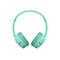 Casque audio vert clair, photographié de face. Les oreillettes sont rembourrées, l'arceau est légèrement incurvé.