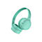 Casque audio vert clair, photographié en diagonale de face, sur fond blanc.