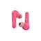 Zwei pinke Belkin-Kopfhörer auf weißem Hintergrund. Einer zeigt das Belkin-Logo, der andere das 'L'.