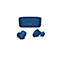 Blaues kabelloses Headset-Set, bestehend aus Ladecase und zwei Ohrhörern. Auf dem Case sind drei kleine, weiße Punkte sichtbar.