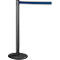 A single, dark stanchion with a blue barrier tape on a white background.