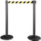 Two black posts with a yellow and black striped barrier. The posts have round bases.