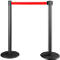 Two black stanchions with a red retractable belt. The stanchions stand on round bases.