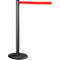 A black stanchion with a red belt, against a white background.