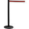 Black stanchion with red ribbon. Standing on a round base.