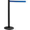 Black stanchion with blue belt. The belt is attached to the top of the pole.