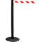 Black stanchion with a red and white striped barrier tape, round base.