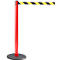 Red stanchion with black and yellow striped strap. On gray base, for queues or barriers.