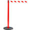 Red stanchion with white and red barrier tape, on gray base. On a white background.