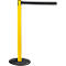 Yellow and black barrier post with a black retractable belt. Black round base. The pole has a smooth surface.