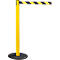 Yellow stanchion with black and yellow striped retractable belt. Black base, white background.
