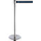 Stainless steel bollard with blue webbing, for queue organization.