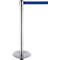A pole with a polished silver surface attached to a blue band used for a barrier.