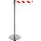 Chrome stanchion with red and white striped barrier tape.