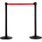 Two black stanchions with a red barrier band, forming a passage.