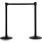 Two black stanchions with a black strap in between, against a white background.