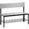 A grey bench with a backrest and shelf grid. Dark grey frame. The seat and back are light grey.