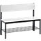 Simple bench with backrest and shelf, white seat and back, black frame.