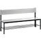 Gray bench with black frame and backrest, with a shoe rack below.