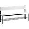 Simple bench with backrest. White seat and back, black frame and struts. Three horizontal struts under the seat.