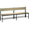 Wooden bench with backrest and metal legs, on a white background.