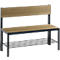 Light wood bench with black metal frame. A backrest and a shelf at the bottom.