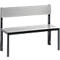 A grey bench with a backrest and black metal legs.
