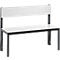 A white bench with a backrest, black frame and legs, against a white background.