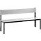 A gray bench with a backrest and black metal legs.