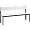 A white bench with a black metal frame and backrest.