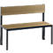 Brown bench with backrest and black metal legs. The seat and backrest are made of wood.