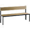 Wooden bench with backrest, black metal frame. Brown seat and backrest.